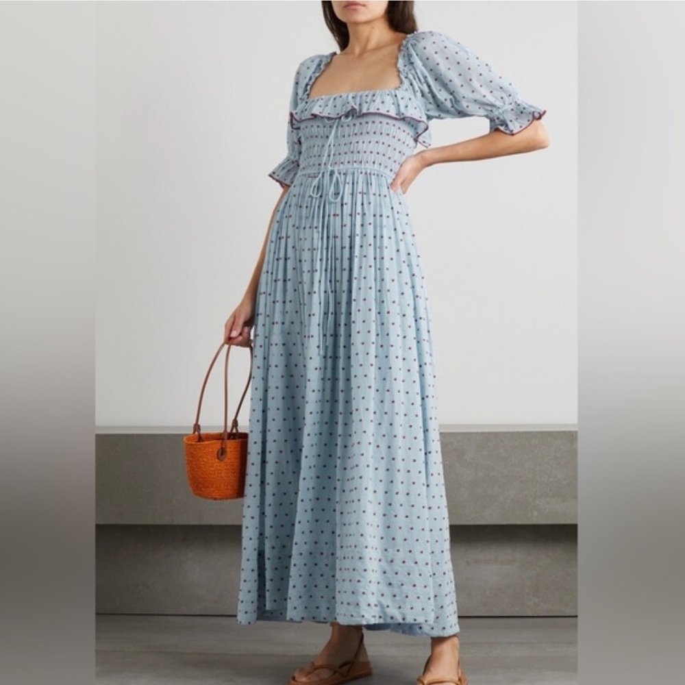 DÔEN Azure Swiss Dot Sol Dress Blue Red Polka Dot Ruffle Midi Maxi